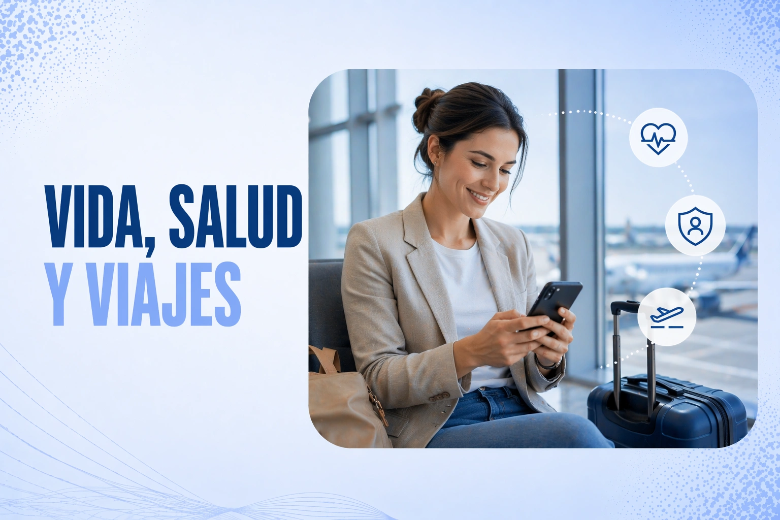Persona con equipaje en un aeropuerto, representando seguros de vida, salud y viajes.
